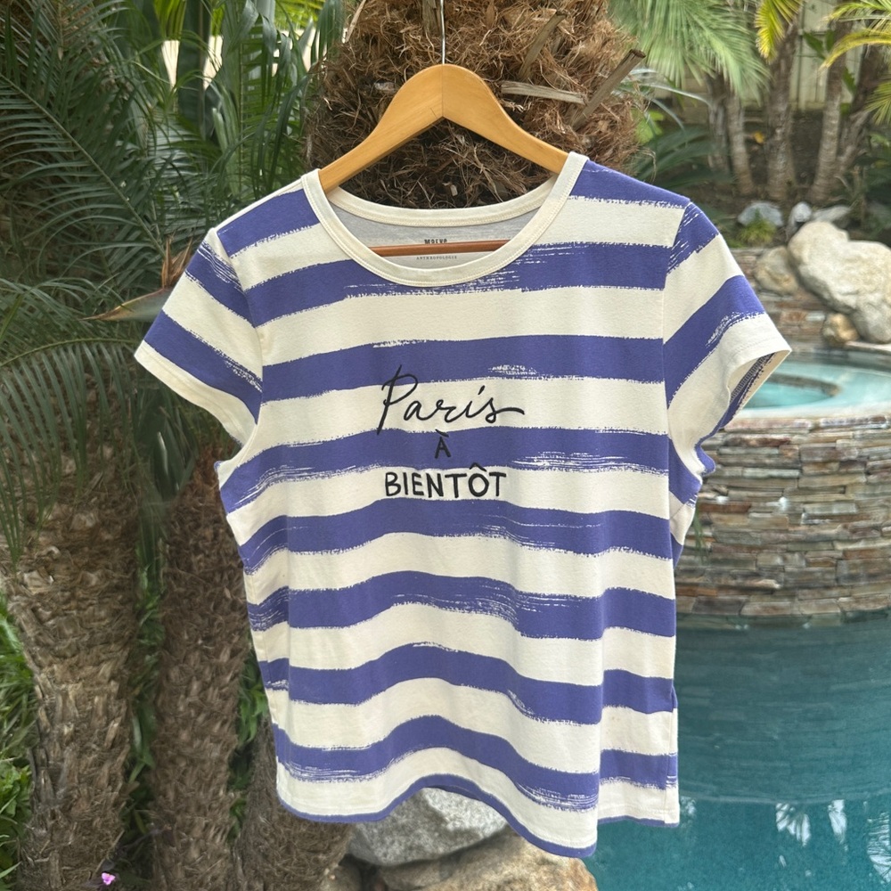 Anthropologie Maeve Graphic baby tee Stripe Purple White Paris a Bientot